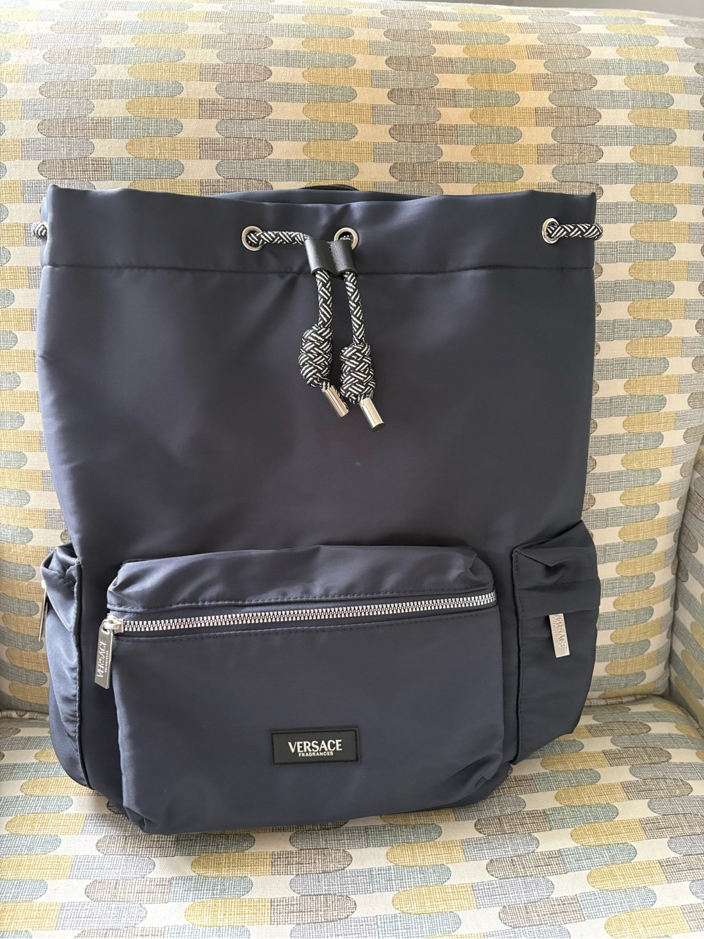 Versace Men's Navy Drawstring Backpack with Front Zip Pocket New